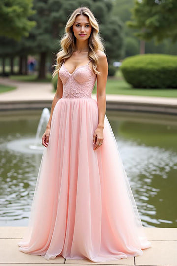 Pink A Line Spaghetti Straps Long Formal Dress with Lace